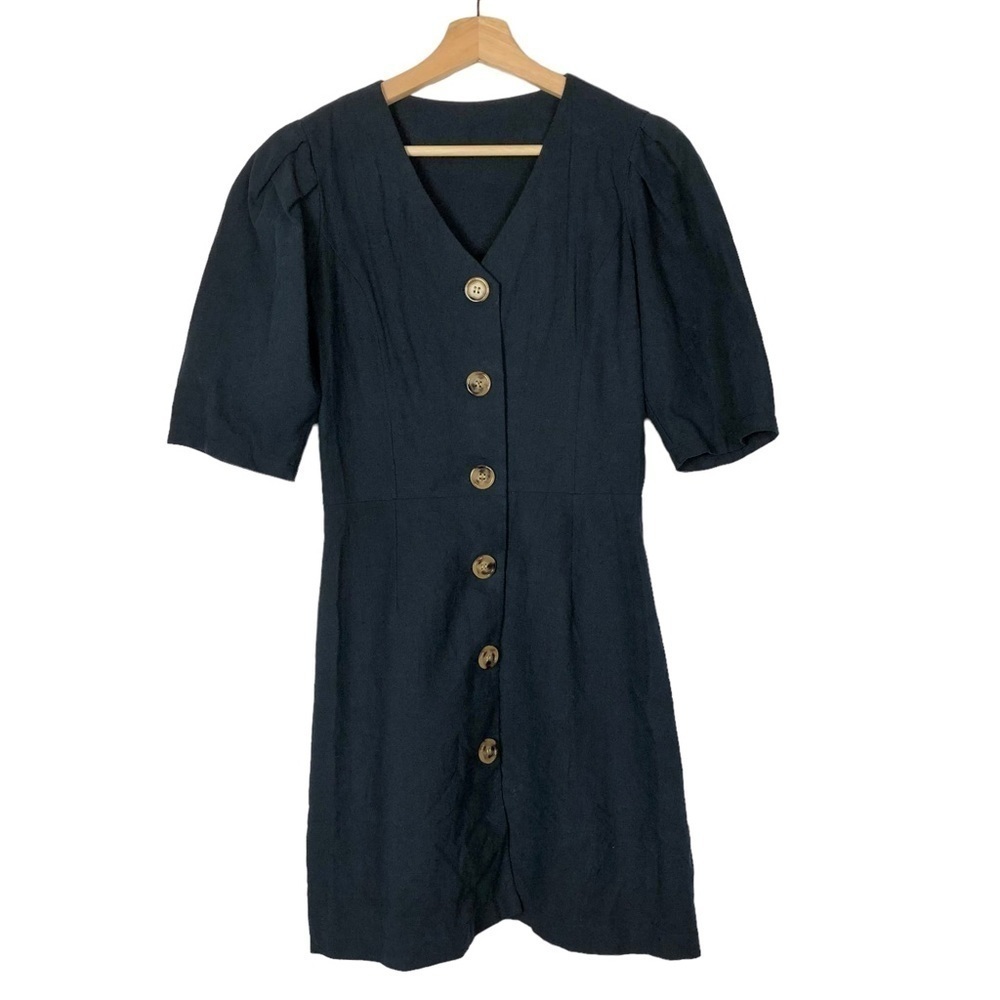 Pixie Market Navy Blue Linen Button Down Short Sleeve‎ Mini Dress S